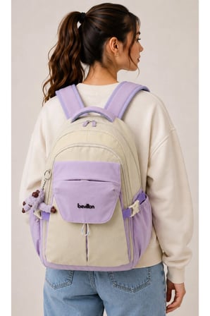 Suya Dayanıklı Kumaş Okul Çantası Unisex Günlük Okul Sırt Çantası 2601 Bej-Lila