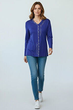 KADIN ÖNÜ KAPALI DÜĞME DETAYLI TAŞLI NERGİS MEVSİMLİK BLUZ