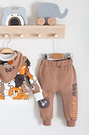 Family Bears Desenli 3'lü Fularlı Erkek Bebek Takımı