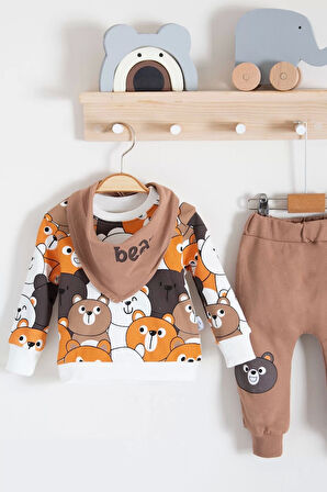 Family Bears Desenli 3'lü Fularlı Erkek Bebek Takımı