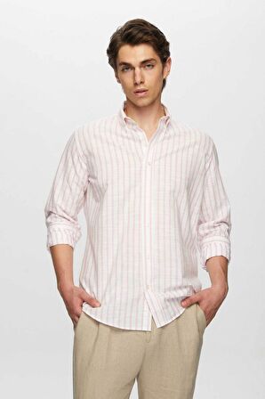Ds Damat Slim Fit Pembe Çizgili Düğmeli Yaka %100 Pamuk Flamlı Yazlık Keten Görünümlü Gömlek 0HC02ORT06265 0HC02ORT06265
