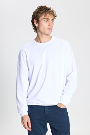 Erkek Beyaz Oversize Bol Kesim 3 Iplik Bisiklet Yaka Pamuklu Sweatshirt