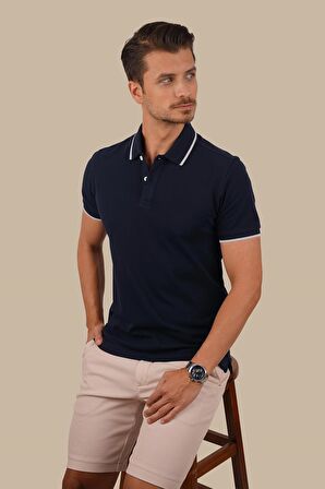 Lacivert Gri Yaka Çizgili Polo Tişört