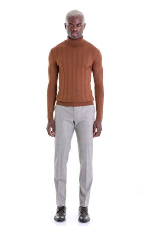 Kahverengi Regular Fit Desenli Balıkçı Yaka Yün Triko Kazak | M