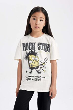 DeFacto Kız Çocuk SpongeBob Oversize Geniş Kalıp Bisiklet Yaka Kısa Kollu Tişört C1463A824SMER99