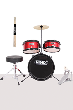 Midex CD300X-RD Akustik Junior Çocuk Baterisi Davulu Seti 5-14 Yaş İçin Full Set