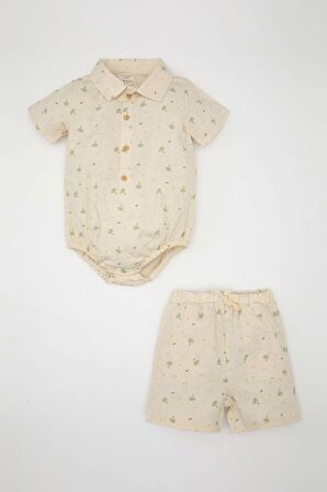 DeFacto Erkek Bebek 2'li Takım Müslin Palmiye Desenli Kısa Kollu Çıtçıtlı Zıbın Şort C5186A524SMBG286