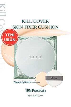 Gün Boyu Kalıcı Mat Cushion Fondöten CLIO Kill Cover Skin Fixer Cushion (19N Porcelain) SPF50+ PA+++