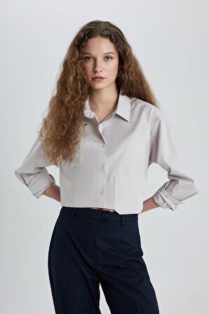 DeFacto Oversize Geniş Kalıp Crop Poplin Uzun Kollu Gömlek C5026AX24SPGR492