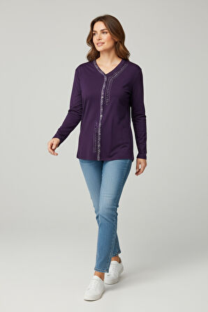 KADIN ÖNÜ KAPALI DÜĞME DETAYLI TAŞLI NERGİS MEVSİMLİK BLUZ