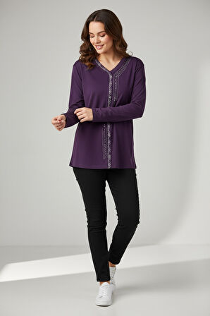 KADIN ÖNÜ KAPALI DÜĞME DETAYLI TAŞLI NERGİS MEVSİMLİK BLUZ