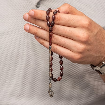 925 Ayar Gümüş Kazaz Püsküllü Kahverengi Sıkma Kehribar Tesbih