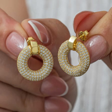 925 Ayar Gümüş Gold Kaplama Zirkon Taşlı Şık Kadın Halka Küpe