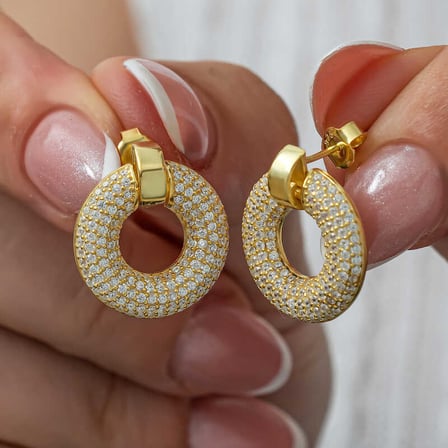 925 Ayar Gümüş Gold Kaplama Zirkon Taşlı Şık Kadın Halka Küpe