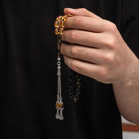 925 Ayar Gümüş Püsküllü Sıkma Kehribar Tesbih