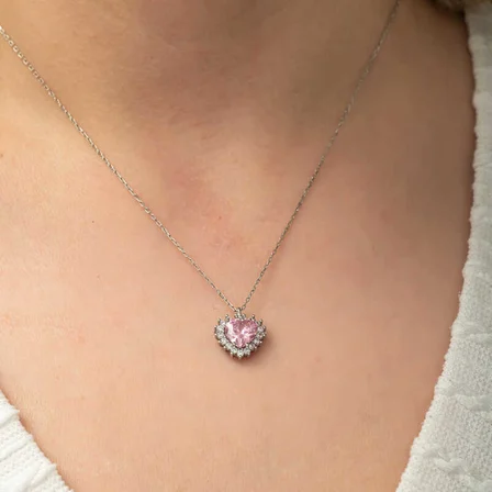 925 Ayar Gümüş Pembe Taşlı Kalp Koly