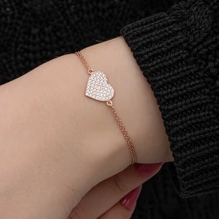 925 Ayar Gümüş Rose Kaplama Kalp Kadın Bileklik