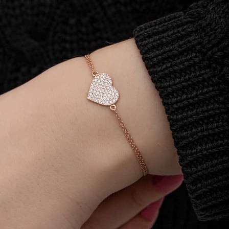 925 Ayar Gümüş Rose Kaplama Kalp Kadın Bileklik