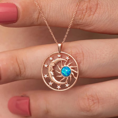 925 Ayar Gümüş Rose Kaplama Mavi Opal Taşlı Ay ve Güneş Kadın Kolye
