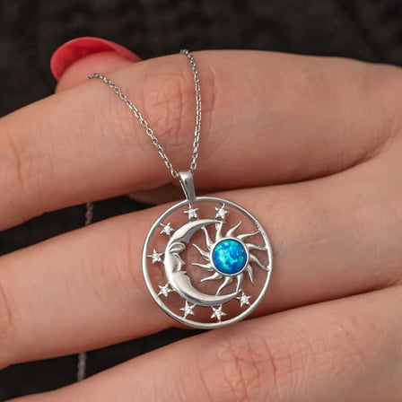 925 Ayar Gümüş Mavi Opal Taşlı Ay ve Güneş Kadın Kolye