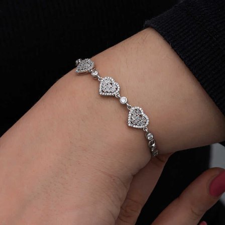 925 Ayar Gümüş Kalp Model Baget Taşlı Kadın Bileklik​