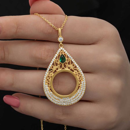 925 Ayar Gümüş Gold Kaplama Damla Çeyrek Altın Çerçevesi Kolye