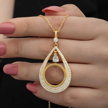 925 Ayar Gümüş Gold Kaplama Damla Çeyrek Altın Çerçevesi Kolye