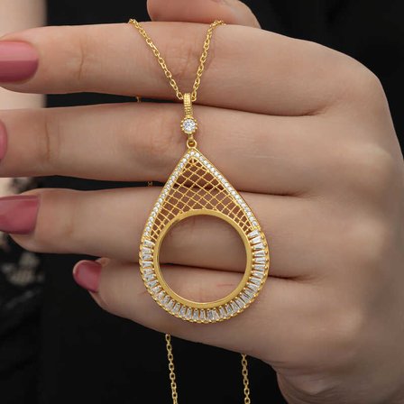 925 Ayar Gümüş Gold Kaplama Damla Yarım Altın Çerçevesi Kolye