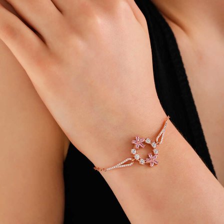 925 Ayar Gümüş Rose Kaplama Pembe Taşlı Çiçek Kadın Bileklik