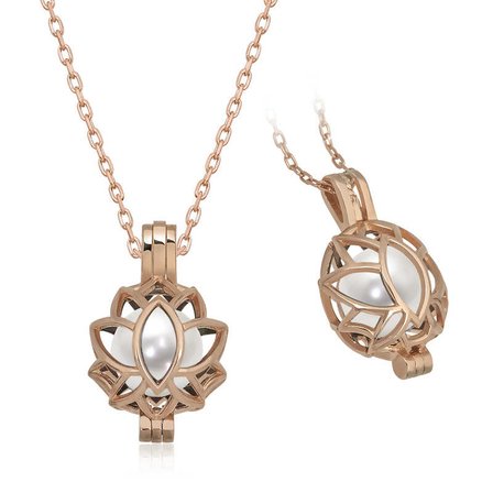 925 Ayar Gümüş Rose Kaplama Beyaz İnci Taşlı Lotus Çiçeği Kafesli Kadın Kolye