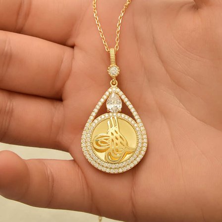 925 Ayar Gümüş Damla Tuğralı Kolye