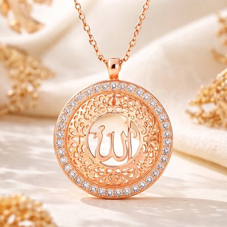 925 Ayar Gümüş Rose Kaplama Allah Yazılı Kadın Kolye