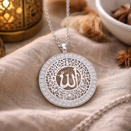 925 Ayar Gümüş Rodyum Kaplama Allah Yazılı Kadın Kolye