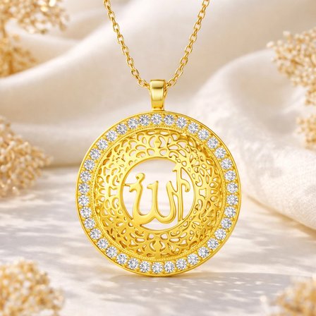 925 Ayar Gümüş Gold Kaplama Allah Yazılı Kadın Kolye