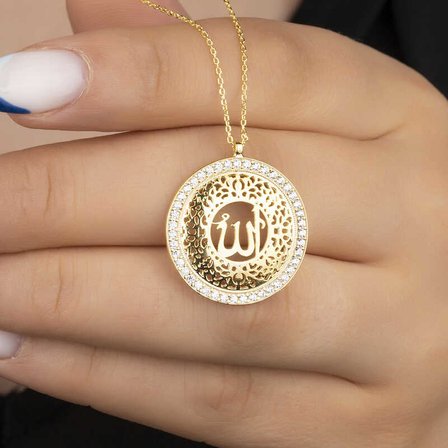 925 Ayar Gümüş Gold Kaplama Allah Yazılı Kadın Kolye