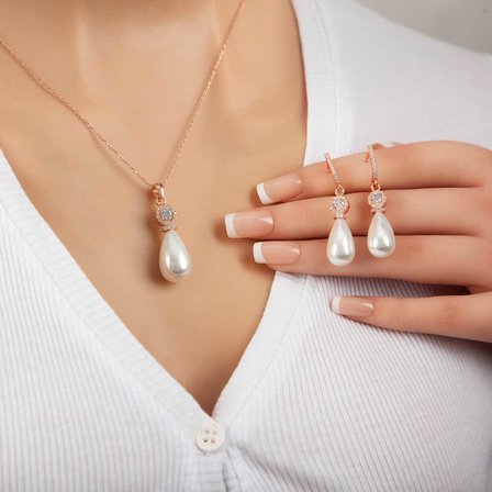 925 Ayar Gümüş Damla İnci Kolye ve Küpe Seti