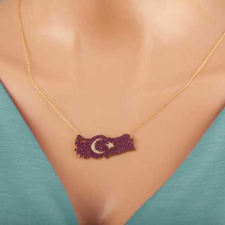 925 Ayar Gümüş Gold Kaplama Ay Yıldızlı Türkiye Haritası Kadın Kolye