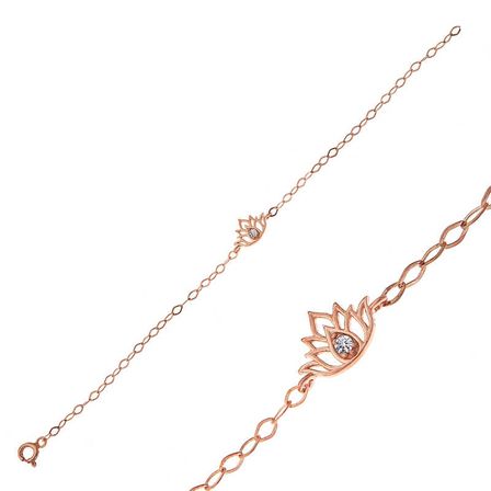 925 Ayar Gümüş Rose Kaplama Zirkon Taşlı Lotus Çiçeği Kadın Bileklik