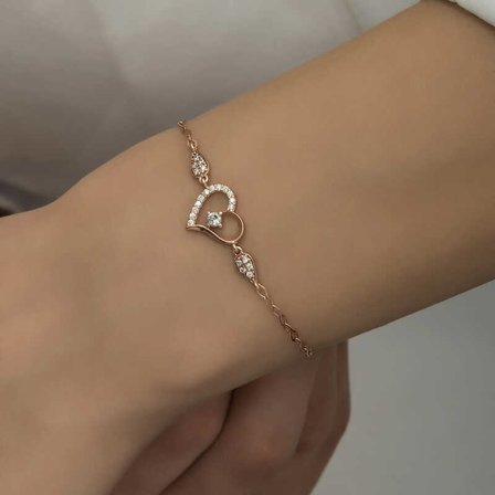 925 Ayar Gümüş Rose Kaplama Kalp Detaylı Tektaş Kadın Bileklik