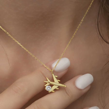925 Ayar Gümüş Gold Uçak Kadın Kolye