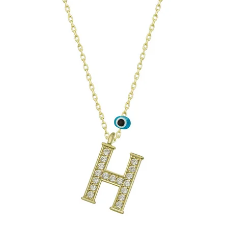 925 Ayar Gümüş Gold H Harfi Nazarlı Kadın Kolye