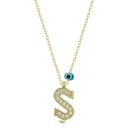 925 Ayar Gümüş Gold Ş Harfi Nazarlı Kadın Kolye