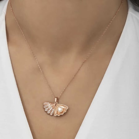 925 Ayar Gümüş Rose Kaplama İncili İstiridye Kadın Kolye