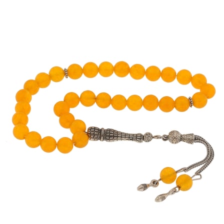 925 Ayar Gümüş Metal Püsküllü Sarı Yeşim Taşı Erkek Tesbih​