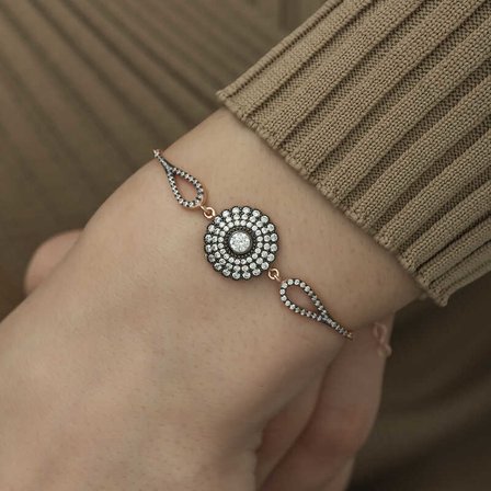 925 Ayar Gümüş Rose Kaplama Elmas Montür Çiçek Tasarım Zirkon Taşlı Kadın Bileklik