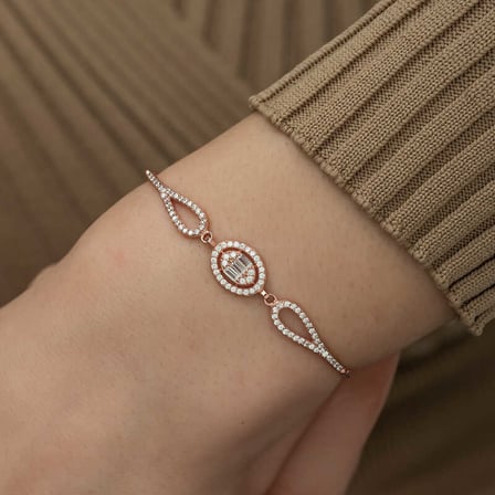925 Ayar Gümüş Rose Oval Baget Taşlı Kadın Bileklik