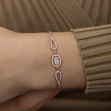 925 Ayar Gümüş Rose Oval Baget Taşlı Kadın Bileklik