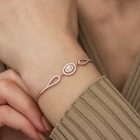 925 Ayar Gümüş Rose Oval Baget Taşlı Kadın Bileklik