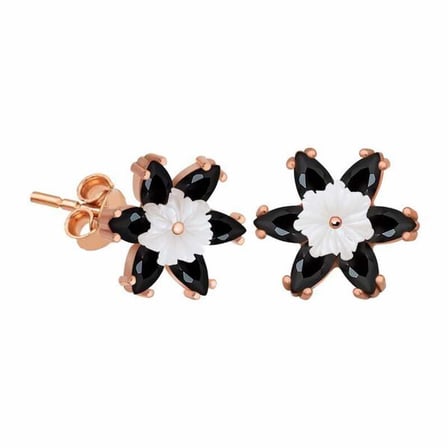 925 Ayar Gümüş Rose Altın Kaplama Siyah Taşlı Lotus Çiçeği Kadın Küpe