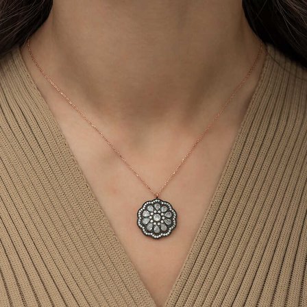 925 Ayar Gümüş İhtişamlı Elmas Montür Çiçek Kolye Rose Altın Kaplama